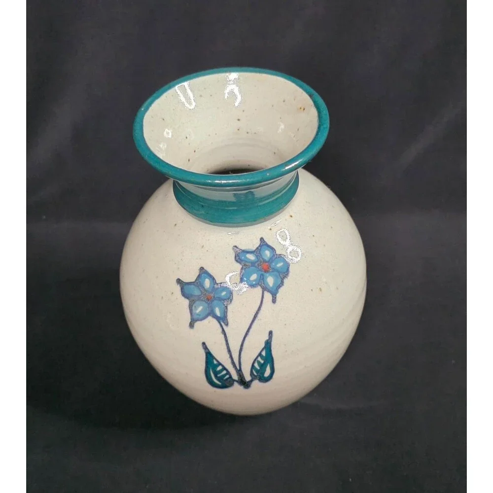 Hand Thrown Studio Pottery Vase Gray & Teal Blue Floral Stoneware Signed 6.75